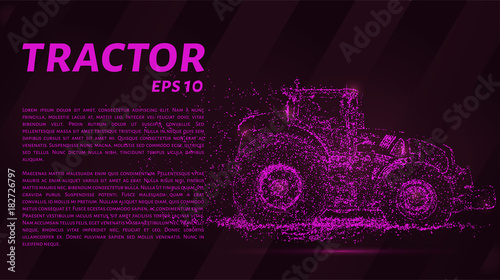The tractor which consists of points. Particles in the form of a tractor on a dark background. Vector illustration. Graphic concept of the agricultural business.