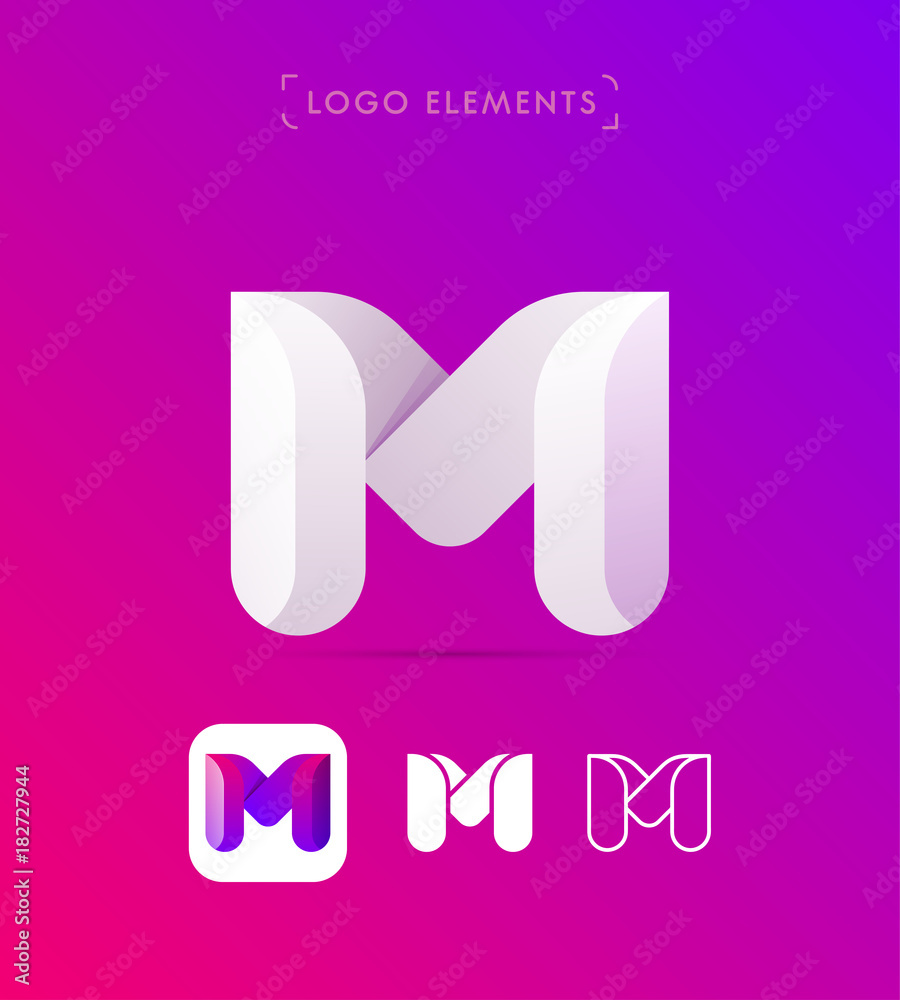 Vector abstract origami letter M logo design template. Material design, flat and line-art style. 3d shape