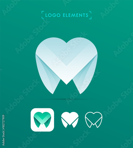 Vector abstract origami letter M and tooth logo design template. Material design, flat and line-art style