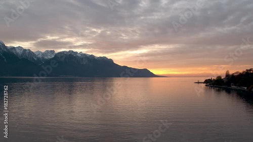 Beautiful aerial view of swiss sunset on lake Geneva 