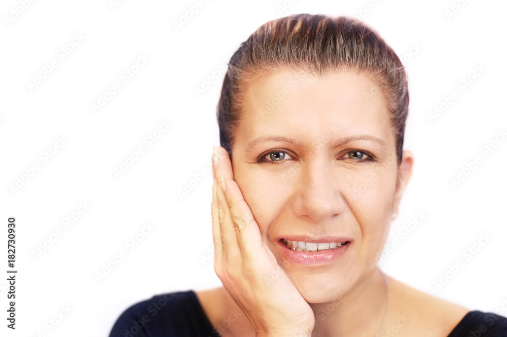 Dental care and toothache. Close up woman face on white background. Woman suffering from toothache Dental care and toothache. Close up woman face on white background. Woman suffering from toothache
