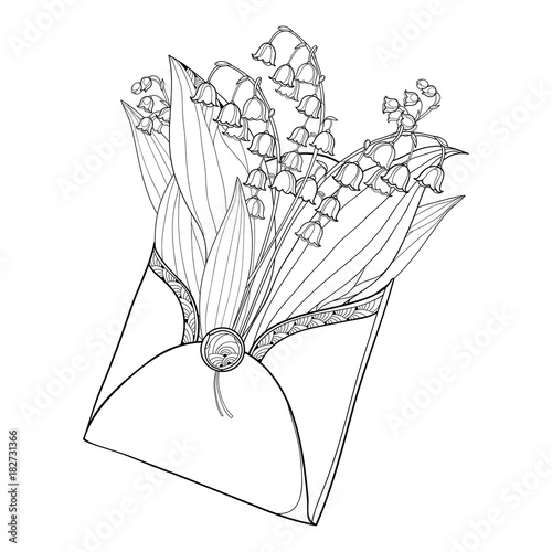 Vector bouquet with outline Lily of the valley or Convallaria flower in opened craft envelope in black isolated on white background. Contour ornate May bells for spring design or coloring book.