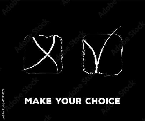 Yes and No Vector Set Square Frames, Isolated.  Hand Painted Election, Quizz, Voting, Test Symbols. Ink Brush Rejection and Approval, Query Choice Icons. Yes and No Tick and Cross Symbolic Marks.