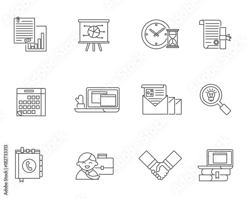 Business and office vector icons set, line style