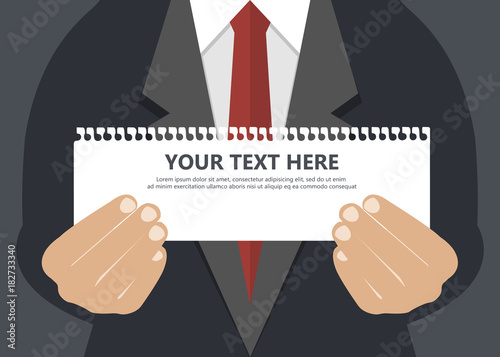 Businessman in suit holding piece of paper with text. Concept for websites. Flat vector illustration