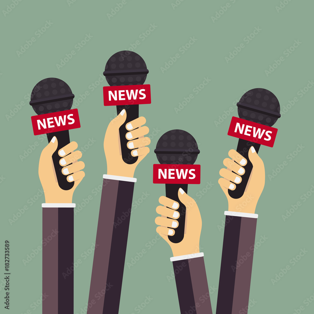 Microphones in reporter hands. Set of microphones isolated on green background. Mass media, television, interview, breaking news, press conference concept. Flat vector illustration. Microphones in reporter hands. Set of microphones isolated on green background. Mass media, television, interview, breaking news, press conference concept. Flat vector illustration.