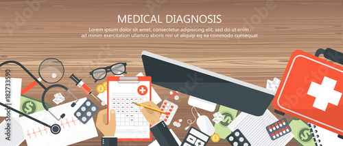 Medical diagnosis concept. Medicine and healthcare. Wooden desk with medical equipment. Flat vector illustration