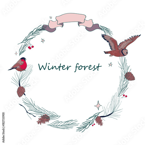 Vector illustration, Christmas frame with forest and celebratory elements. Branches of fir, cones, bullfinch, owl, stars. Inscription Winter forest. Color image.
