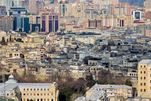 Panorama on the Baku Old and New City, Azerbaijan. Texture and background Baku. Baku skyline panoramic view from the Martyrs Lane.