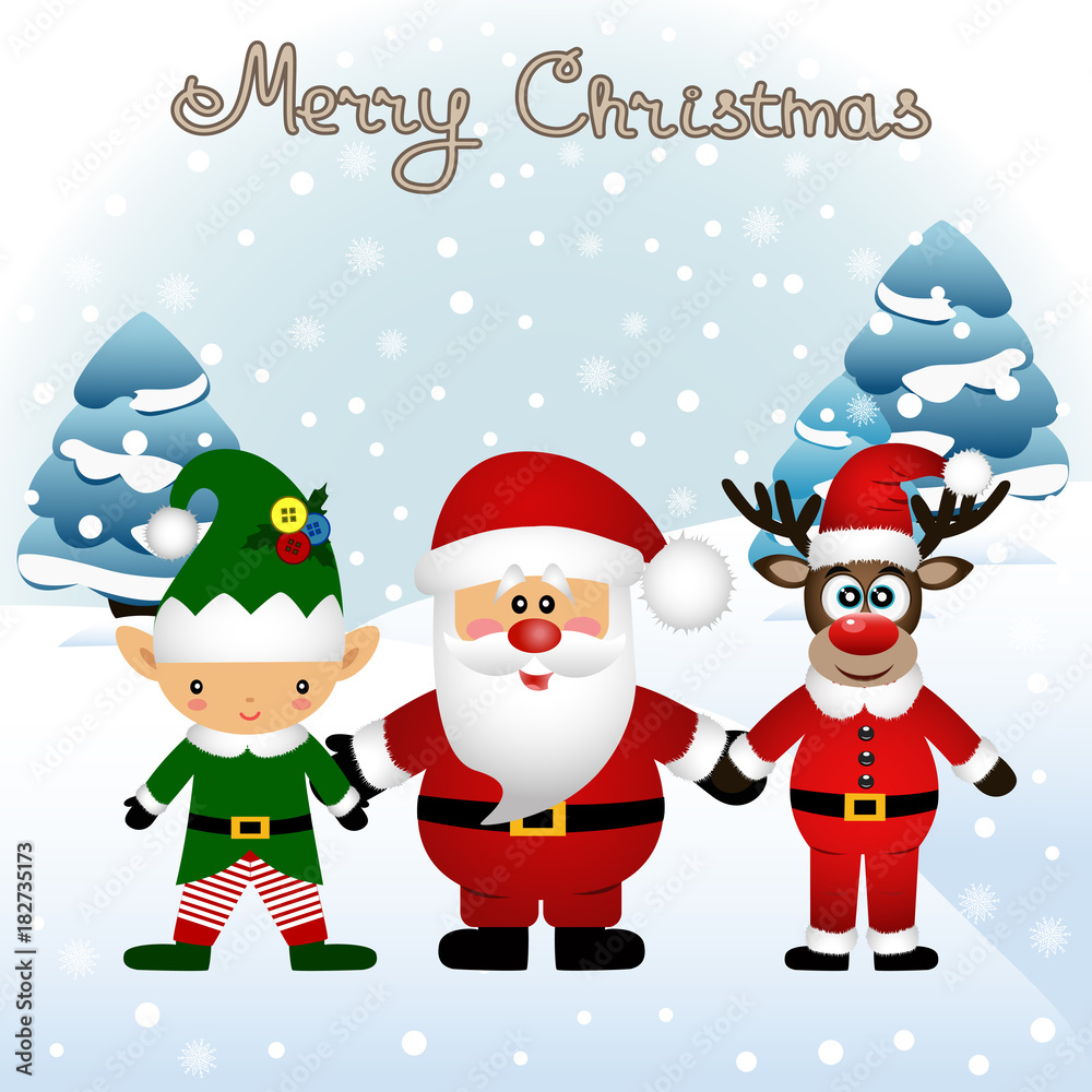 Funny postcard with Christmas Elf, Christmas reindeer and Santa.