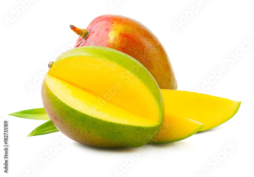 Ripe mango with leaves on white background