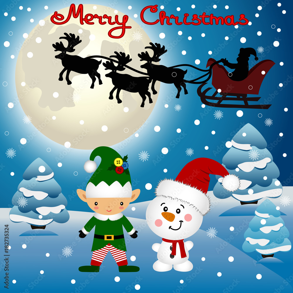 Funny postcard with Christmas Elf, Christmas reindeer and Santa. Funny postcard with Christmas Elf, Christmas reindeer and Santa.