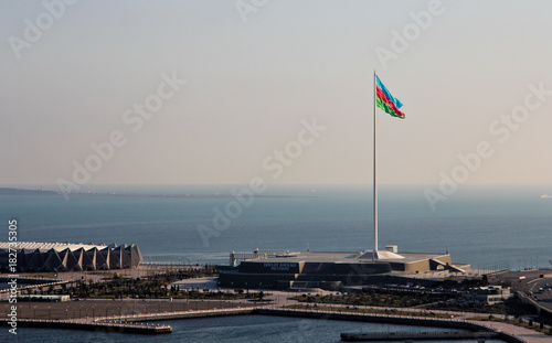 Panorama of the National Flag Square Baku Boulevard and Caspian Sea. Large city square off Neftchiler Avenue. Baku Crystal Hall at the left part of photo. © Khrystyna Bohush