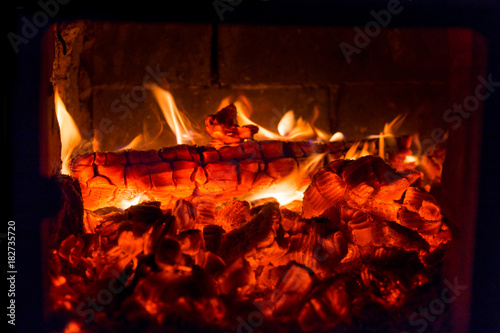 Fire and coals in fireplace furnace