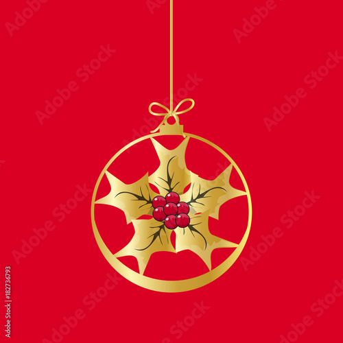 Flat Christmas Ball with Bow and  Mistletoe. Vector Gold Bauble with gold and red Holly Berry decorative xmas ornament. Illustration isolated on red background. Silhouette Icon Symbol Design.