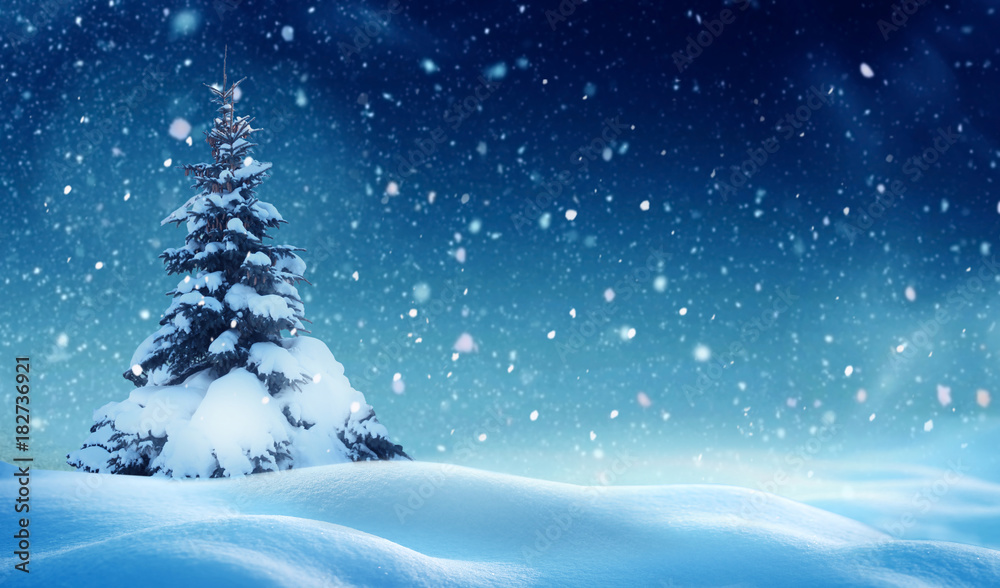 Christmas background with  night landscape. Happy new year  greeting card with copy-space. Stock Photo | Adobe Stock