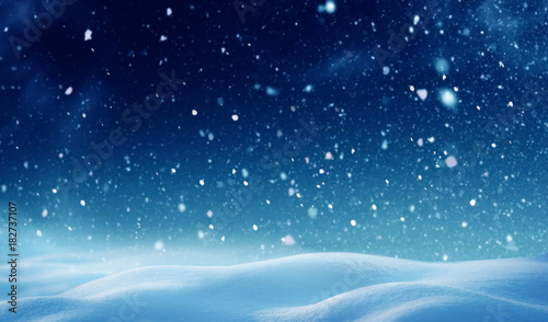 Christmas background with snow.Winter night landscape. Happy new year greeting card with copy-space.
