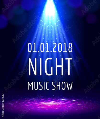 Abstract light party poster, blue beam night show background template, vector illustration