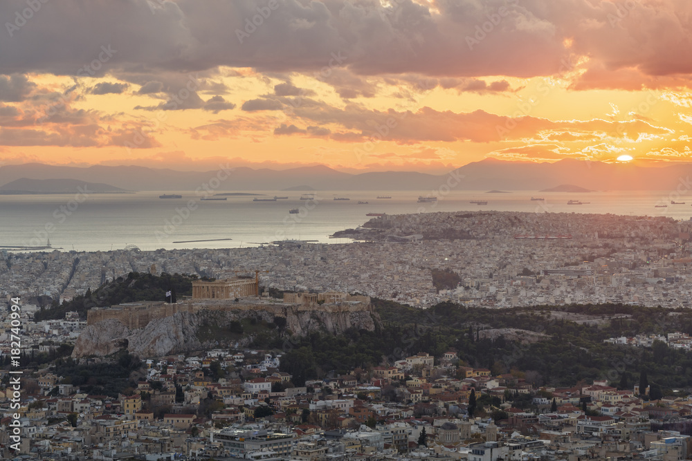 View of Acropolis and city of Athens from Lycabettus hill at sunset, Greece. 
