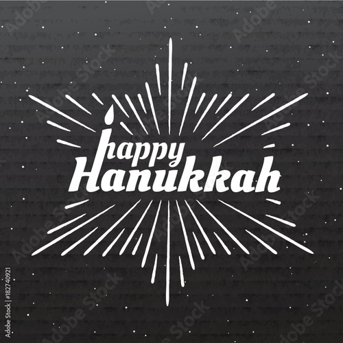 Happy Hanukkah. Font composition with candles and rays in the form of the Star of David on cardboard texture in vintage style. Vector Holiday Religion Illustration. Jewish Festival Of Lights