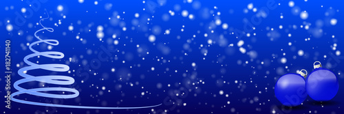Beautiful modern Christmas tree with balls on a blue panoramic background. copy-space for text .