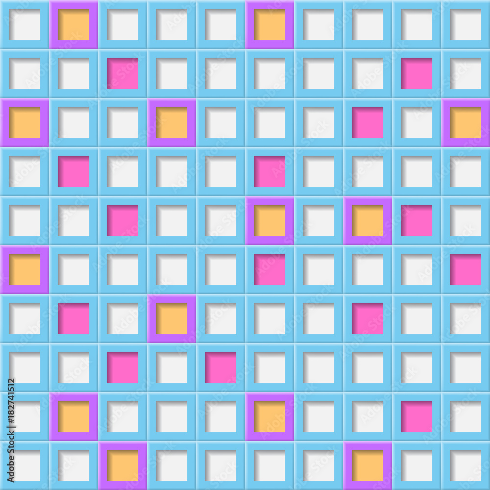 Abstract background or seamless pattern of tiles with square holes in white, light blue and purple colors Abstract background or seamless pattern of tiles with square holes in white, light blue and purple colors