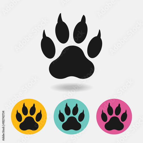 Black paw print of dog with shadow isolated on white background Vector. textiles, background, packaging, printing, website