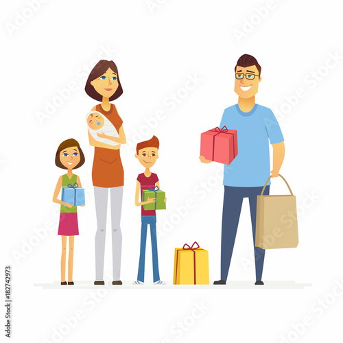 Volunteer help mother with children - cartoon people characters isolated illustration