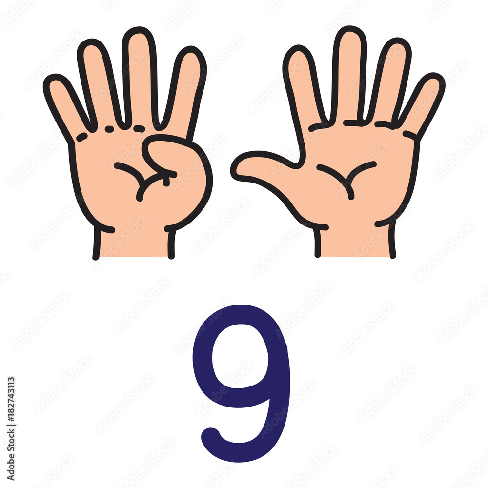 Kid's hand showing the number nine hand sign. Kid's hand showing the number nine hand sign.