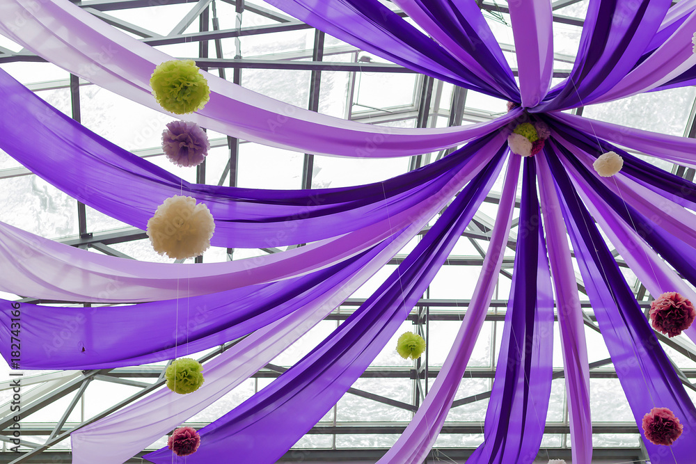 purple ribbons and balloons, decor ceiling StockFoto Adobe Stock