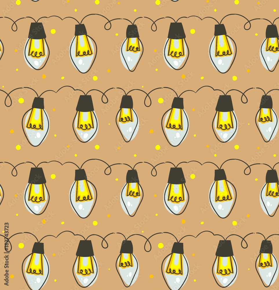 Fototapeta premium Hand drawn vector abstract fun Merry Christmas time cartoon rustic festive seamless pattern with cute illustrations of lights bulb garland isolated on craft paper background