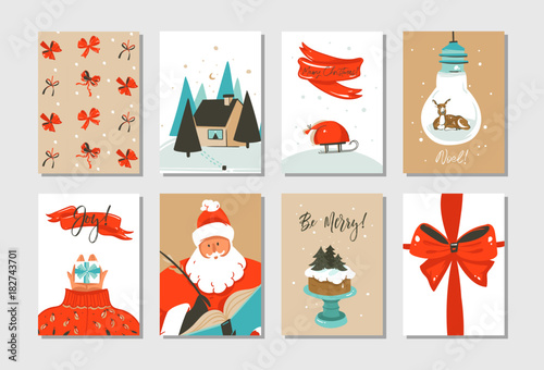 Hand drawn vector abstract fun Merry Christmas time cartoon cards collection set with cute illustrations of Santa Claus and Xmas cake isolated on white background