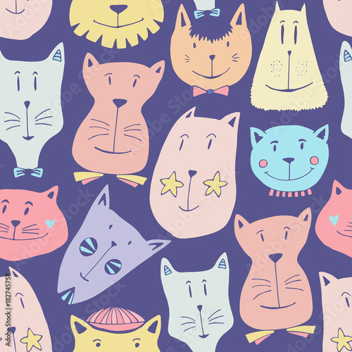 Seamless pattern with funny cats. Textile kids pattern, wrapping paper vector illustration.