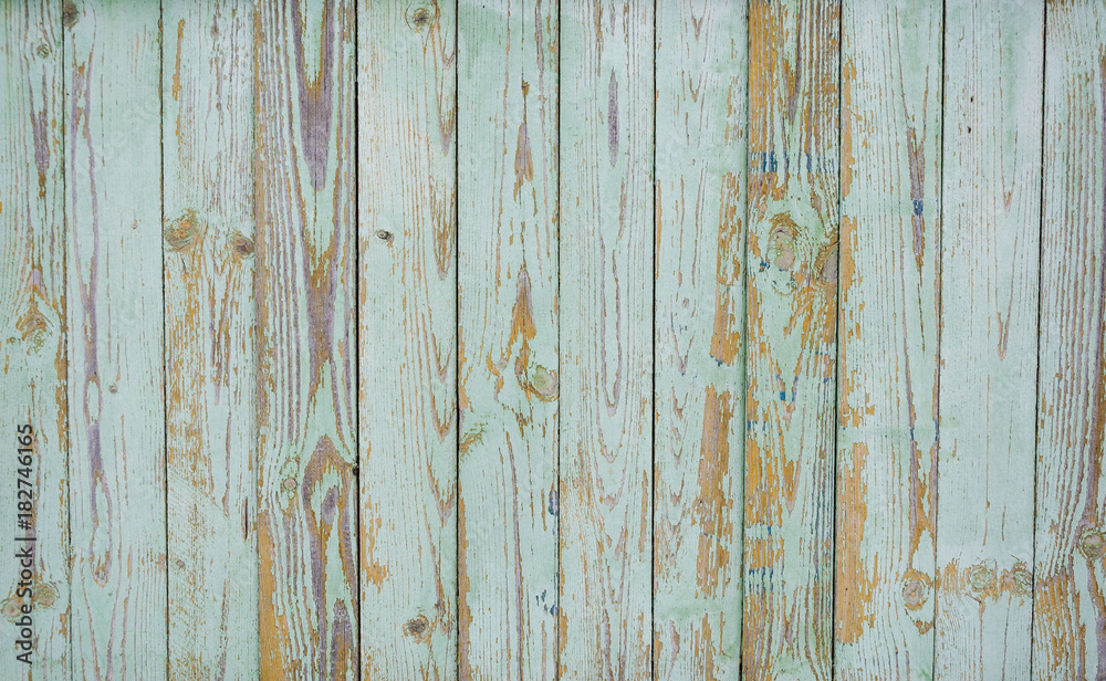 Texture of old, shabby, green paint on an old fence