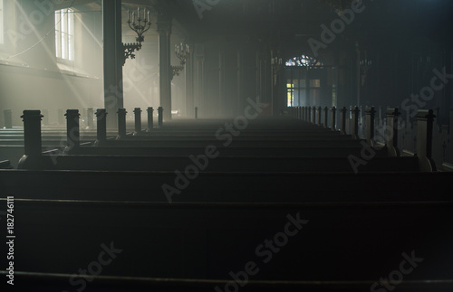 Mystic foggy interior of a church
