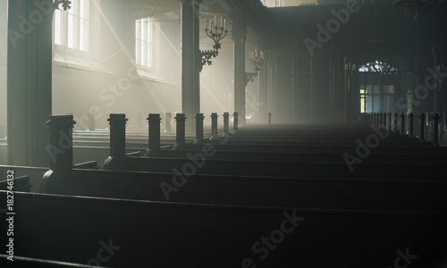 Mystic foggy interior of a church