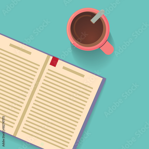 Realistic cup of coffee and a book with red bookmark