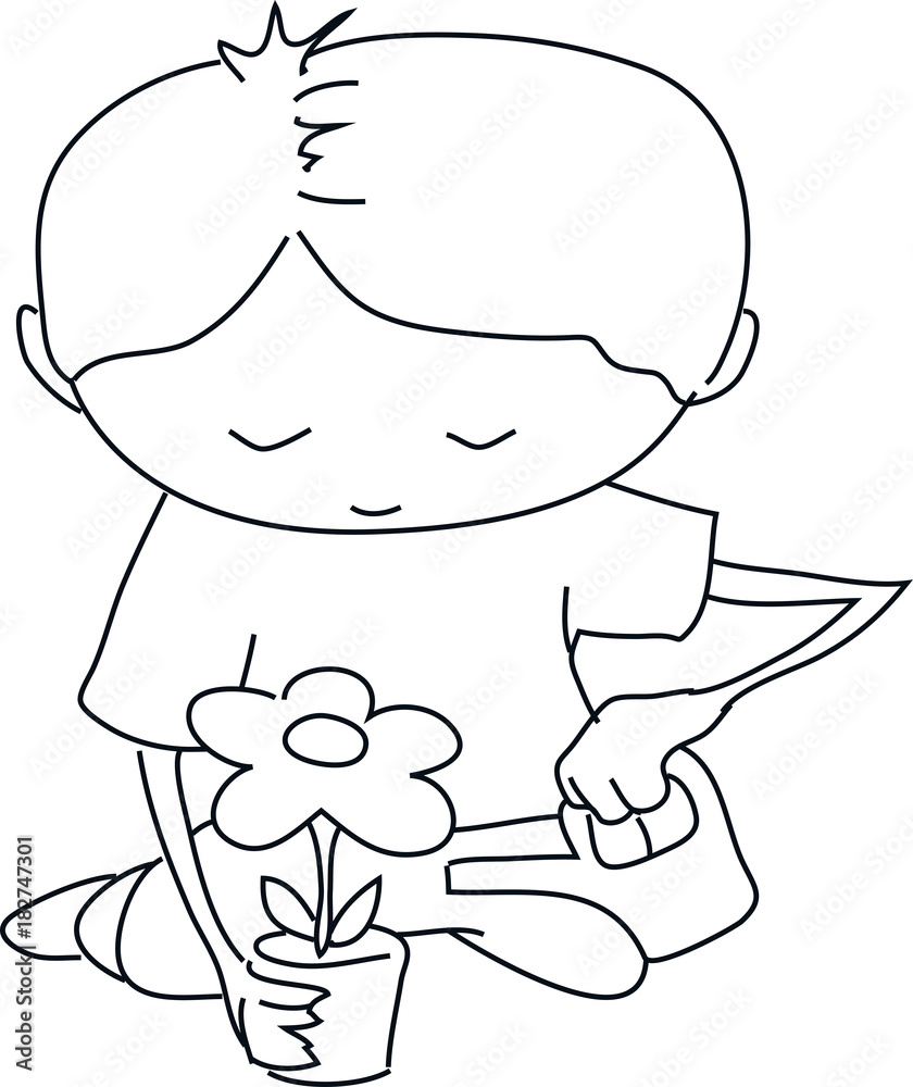 Fototapeta premium Boy irrigating flower – lineart