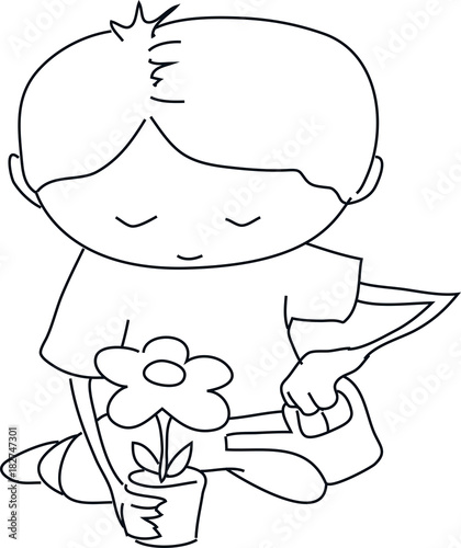 Boy irrigating flower     lineart