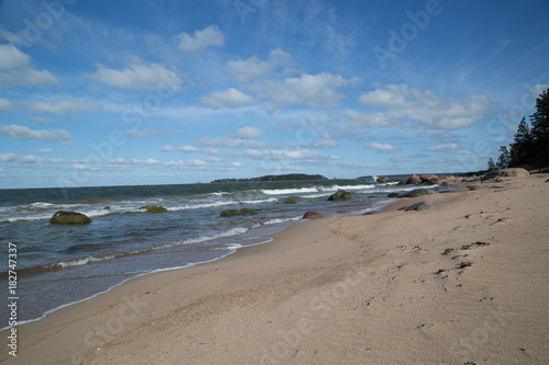 Wild nature beach in the Lahemaa National Park, Käsmu, on the horizon the island Kuradisaar, stormy, summer 