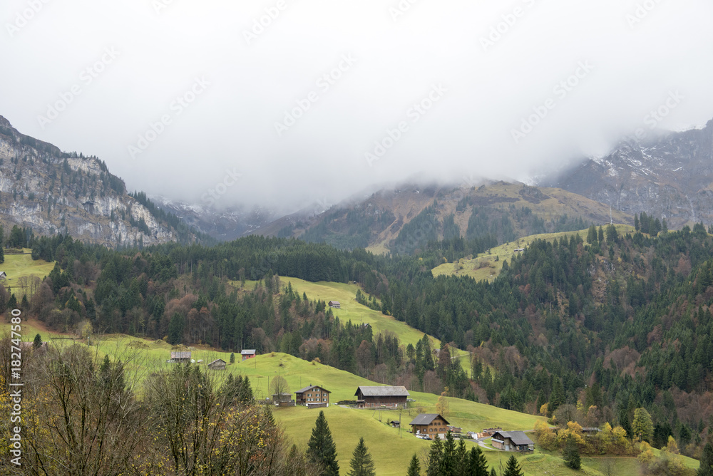 Beautiful view of countryside village and mountain at autumn in Engelberg, Switzerland