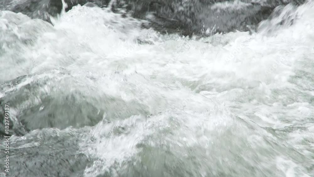 Close up and slow motion on high white water river rapids.