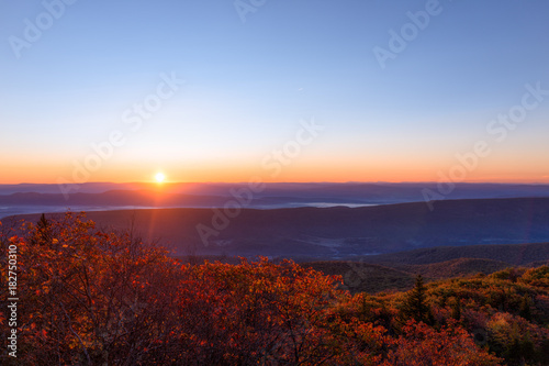 Morning dark sunrise with sky and golden yellow orange autumn foliage in Dolly Sods  Bear Rocks  West Virginia with overlook of mountain valley