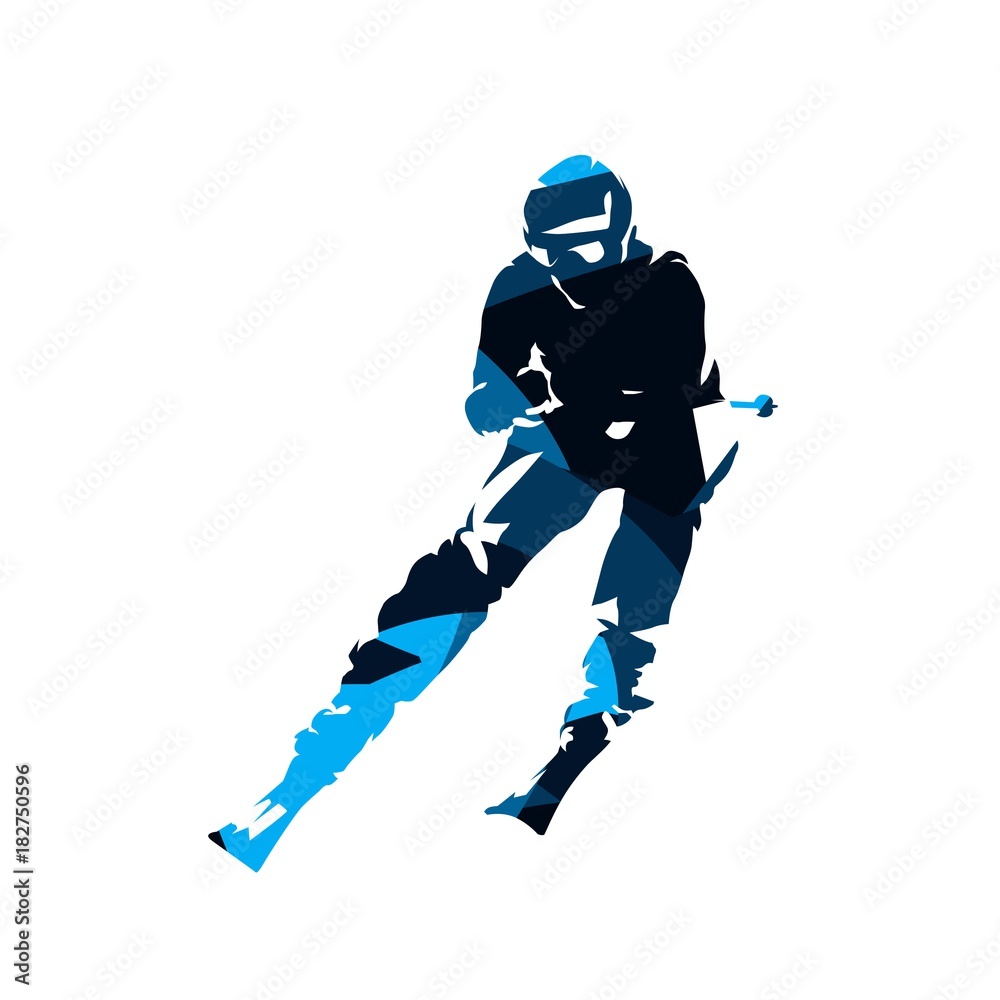 Downhill skier, abstract blue vector silhouette, front view. Winter sport