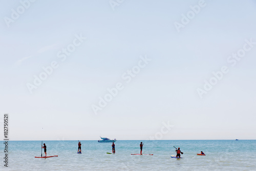 Tablou pe pânză People practice Stand Up Paddleboarding outside the Brighton beach