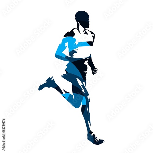 Running man, abstract blue vector silhouette, side view