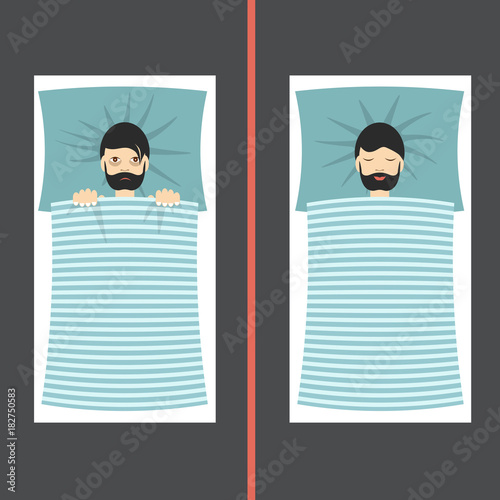 Man with sleep problems and insomnia symptoms versus good sleep man.Flat  illustration.