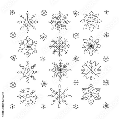 Hand drawn snowflakes, Doodle snowflakes unique hand drawn style. Design elements for holiday greeting cards. Vector xmas decoration symbols, snowflake icon