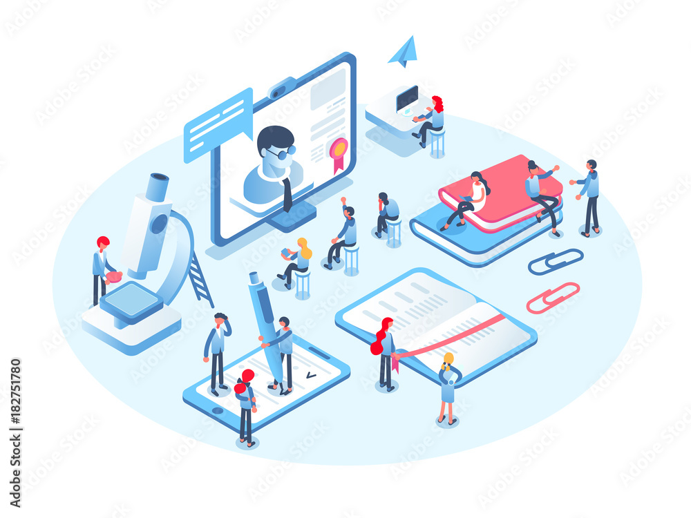 Online education concept. Online training courses, specialization, tutorials, lectures, university studies. 3d isometric people. Online education concept. Online training courses, specialization, tutorials, lectures, university studies. 3d isometric people.