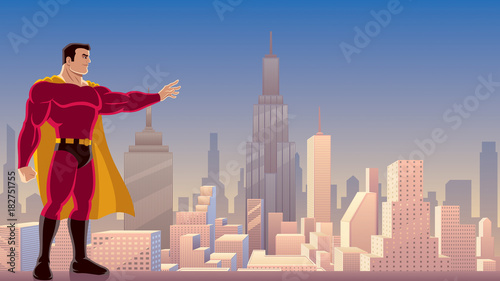 Superhero Power in City / Illustration of superhero using his superpower and directing it with his hand.  